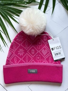 FIGS Pink Merino Wool Pom Pom Beanie NWT Unisex Medical Icon Knit Hat
